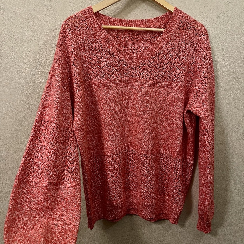 Zeagoo Semi Open Knit V-neck Sweater‎ Orange Coral Marled Spring Size XL